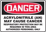 DANGER ACRYLONITRILE (AN) MAY CAUSE CANCER RESPIRATORY PROTECTION MAY BE REQUIRED IN THIS AREA AUTHORIZED PERSONNEL ONLY
