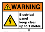 Safety Sign, Header: WARNING, Legend: !Warning Electrical Panel Keep Clear Up To 1 Meter