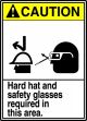 Safety Sign, Header: CAUTION, Legend: HARD HAT AND SAFETY GLASSES REQUIRED IN THIS AREA (W/GRAPHIC)