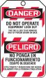 DANGER DO NOT OPERATE EQUIPMENT LOCK OUT THIS TAG & LOCK TO BE REMOVED ONLY BY PERSON SHOWN ON BACK-(SPANISH)