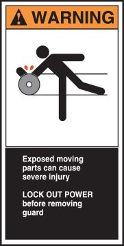 EXPOSED MOVING PARTS CAN CAUSE SEVERE INJURY LOCK OUT POWER BEFORE REMOVING GUARD (W/GRAPHIC)