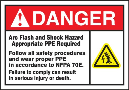 Safety Label, Header: DANGER, Legend: ARC FLASH AND SHOCK HAZARD APPROPRIATE PPE REQUIRED FOLLOW ALL SAFETY PROCEDURES AND WEAR PROPER PPE IN ACC...