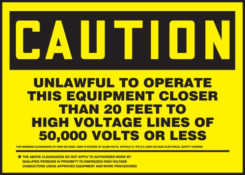 CAUTION UNLAWFUL TO OPERATE THIS EQUIPMENT CLOSER THAN 20 FEET TO HIGH VOLTAGE LINES OF 50,000 VOLTS OR LESS...