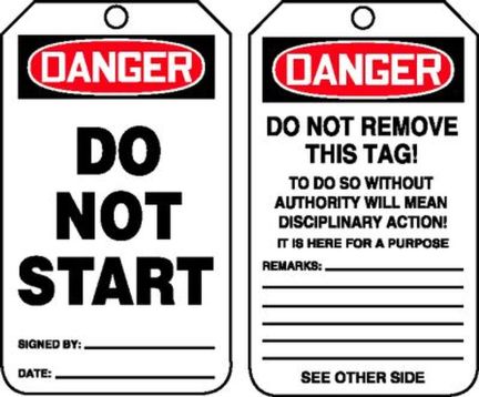 Safety Tag, Header: DANGER, Legend: DO NOT START