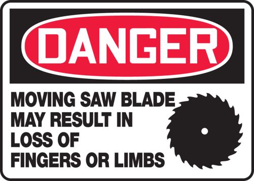 MOVING SAW BLADE MAY RESULT IN LOSS OF FINGERS OR LIMBS (W/GRAPHIC)