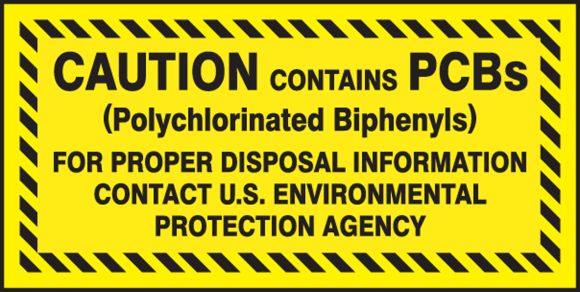 CAUTION CONTAINS PCBs (Polychlorinated Biphenyls) FOR PROPER DISPOSAL INFORMATION CONTACT US ENVIRONMENTAL PROTECTION AGENCY