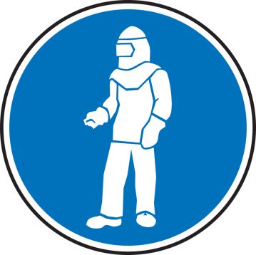 WEAR FULL PROTECTIVE CLOTHING (WHITE/BLUE)