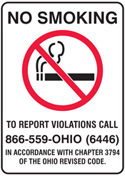 NO SMOKING (SYM) TO REPORT VIOLATIONS CALL 866-559-OHIO (6446) IN ACCORDANCE WITH CHAPTER 3794 OF THE OHIO REVISEDCODE