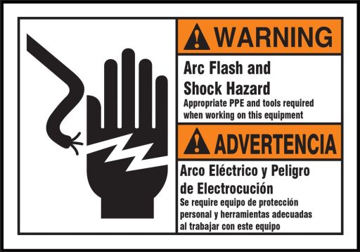 ARC FLASH AND SHOCK HAZARD APPROPRIATE PPE AND TOOL REQUIRED WHEN WORKING ON THIS EQUIPMENT, BILINGUAL SPANISH