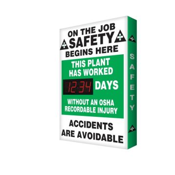 Motivation Product, Legend: ON THE JOB SAFETY BEGINS HERE / THIS PLANT HAS WORKED #### DAYS WITHOUT AN OSHA RECORDABLE INJURY / ACCIDENTS ARE AVO...