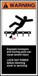EXPOSED CONVEYORS AND MOVING PARTS CAN CAUSE SEVERE INJURY LOCK OUT POWER BEFORE REMOVING (W/GRAPHIC)