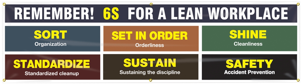 Organization / 5S / Lean, Legend: REMEMBER! 6S FOR A LEAN WORKPLACE SORT .. SET IN ORDER ... SHINE ... STANDARIZE ... SUSTAIN ... SAFETY