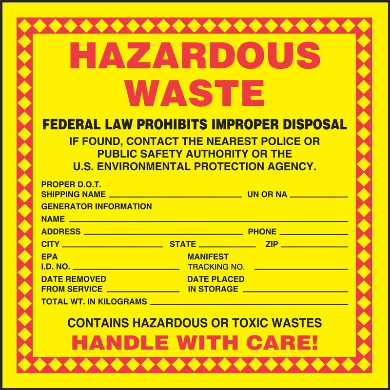 Safety Label, Legend: HAZARDOUS WASTE FEDERAL AND STATE LAW PROHIBITS IMPROPER DISPOSAL IF FOUND CONTACT THE NEAREST POLICE OR PUBLIC SAFETY AUTH...
