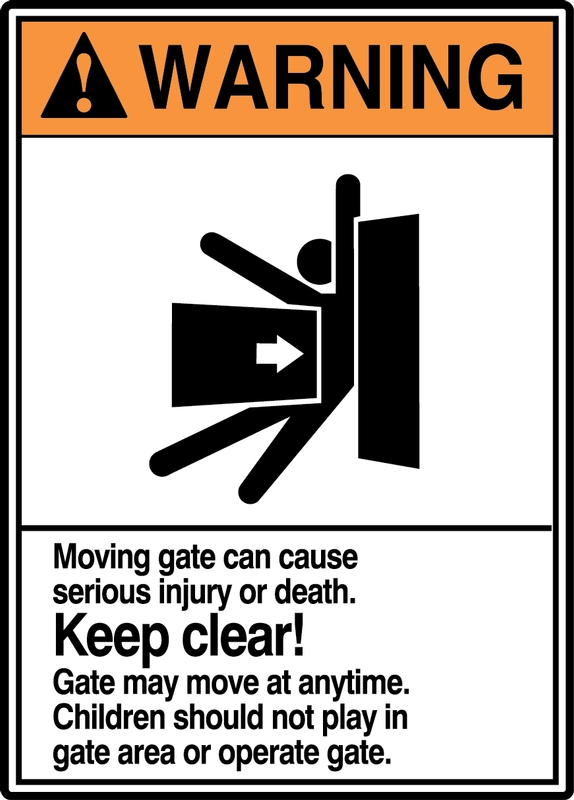 Safety Sign, Header: WARNING, Legend: WARNING MOVING GATE CAN CAUSE SERIOUS INJURY OR DEATH...