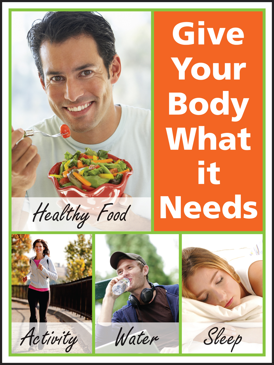 Motivation Product, Legend: GIVE YOUR BODY WHAT IT NEEDS: HEALTHY FOOD, ACTIVITY, WATER, SLEEP