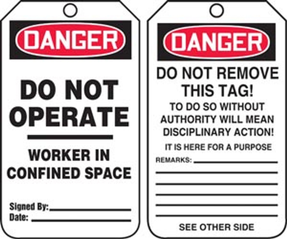 Safety Tag, Header: DANGER, Legend: DO NOT OPERATE-WORKER IN CONFINED SPACE