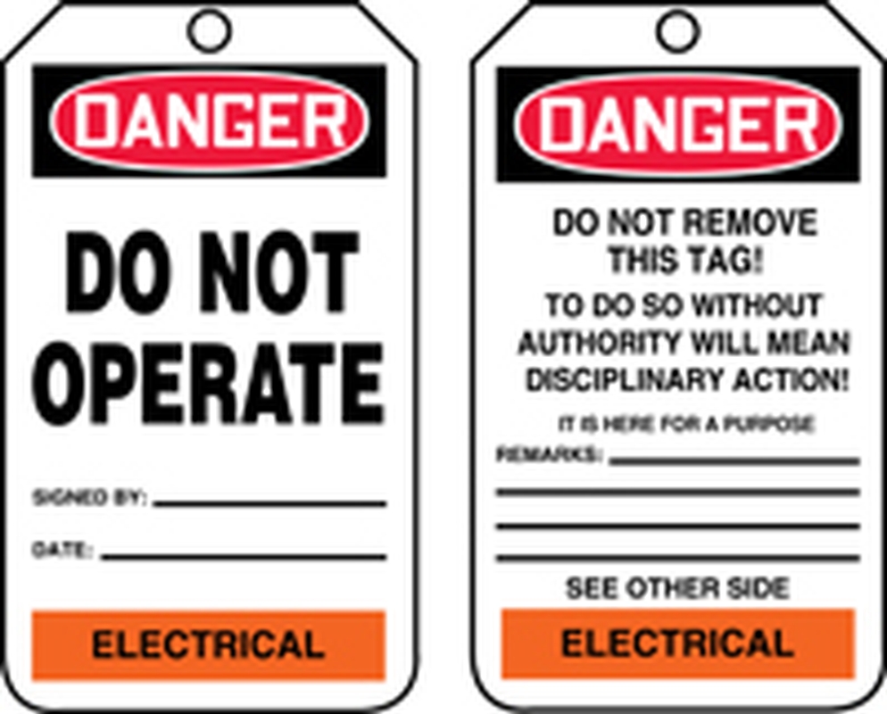 Safety Tag, Header: DANGER, Legend: DANGER DO NOT OPERATE...ELECTRICAL