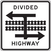 Rail Sign: Divided Highway with Light Rail Transit Crossing (T-Intersection)