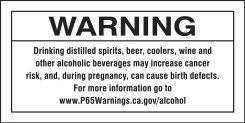 Prop 65 Alcoholic Beverage Exposure Warning Safety Label: Reproductive Harm