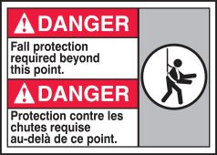 Bilingual ANSI Danger Safety Sign: Fall Protection Required Beyond This Point