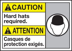Bilingual ANSI Caution Safety Sign: Hard Hats Required