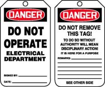 OSHA Danger Safety Tag: Do Not Operate - Electrical Department