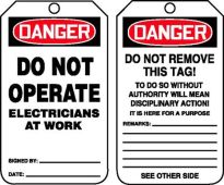 OSHA Danger Safety Tag: Do Not Operate - Electricians At Work
