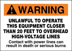 ANSI Warning Safety Sign: Unlawful To Operate This Equipment Closer Than 20 Feet To Overhead Power Lines