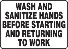 Safety Sign: Wash And Sanitize Hands Before Starting And Returning To Work