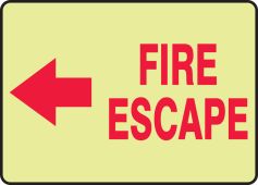 Glow-In-The-Dark Safety Sign: Fire Escape (Left Arrow)