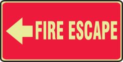 Glow-In-The-Dark Safety Sign: Fire Escape (Red Background - Left Arrow)