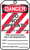 OSHA Danger Lockout Tag: Do Not Operate - Maintenance Department
