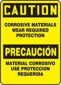 Bilingual OSHA Caution Safety Sign: Corrosive Materials Wear Required Protection