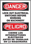 Bilingual OSHA Danger Safety Sign: Lock Out Electrical Switches Before Working On Machinery