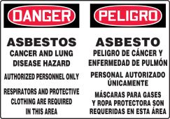 Bilingual OSHA Danger Safety Sign: Asbestos Cancer And Lung Disease Hazard