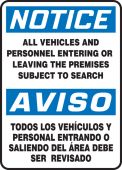 Bilingual OSHA Notice Safety Sign: All Vehicles And Personnel Entering Or Leaving The Premises Subject To Search