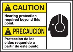Spanish (Mexican) Bilingual ANSI Caution Visual Alert Safety Sign: Hearing Protection Required Beyond This Point