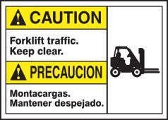 Spanish (Mexican) Bilingual ANSI ISO Caution Visual Alert Safety Sign: Forklift Traffic - Keep Clear