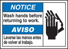 Spanish (Mexican) Bilingual ANSI Notice Visual Alert Safety Sign: Wash Hands Before Returning To Work