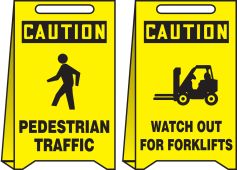 OSHA Caution Reversible Fold-Ups® Floor Sign: Pedestrian Traffic - Watch Out For Forklifts