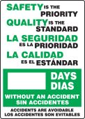 Bilingual Write-a-Day Scoreboards: Safety Is the Priority - Quality Is The Standard - _ Days Without An Accident - Accidents Are Avoidable