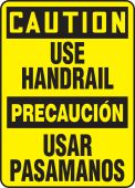 Bilingual OSHA Caution Safety Sign: Use Handrail