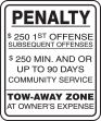 (NEW JERSEY) PENALTY $250 1ST OFFENSE SUBSEQUENT OFFENSES $250 MIN. AND OR UP TO 90 DAYS COMMUNITY SERVICE TOW AWAY ZONE AT OWNER'S EXPENSE