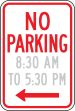 NO PARKING (HOURS RANGE, ARROW LEFT)