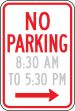 NO PARKING (HOURS RANGE, ARROW RIGHT)