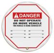 Lockout Tagout , Header: DANGER, Legend: DO NOT OPERATE OR MOVE VEHICLE THIS VEHICLE IS BEING SERVICED BY: ___