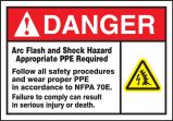 Safety Label, Header: DANGER, Legend: ARC FLASH AND SHOCK HAZARD APPROPRIATE PPE REQUIRED FOLLOW ALL SAFETY PROCEDURES AND WEAR PROPER PPE IN ACC...