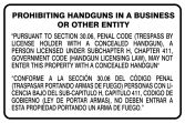 Safety Sign, Legend: Texas open/concealed weapons signs. Meets Texas Department of Public Safety requirements (Penal Code Section 30.06 & 30.07)