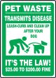 Pet Signs: Pet Waste Transmits Disease Leash Curb and Clean Up After Your Dog - It's The Law! $25.00 To $200.00 Fine