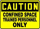 Confined Space, Header: CAUTION, Legend: CONFINED SPACE TRAINED PERSONNEL ONLY